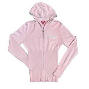 NWT Guess LA Blush Soft Pink Bodycon Zip Hoodie Sweater Womens Size L Bling Gym